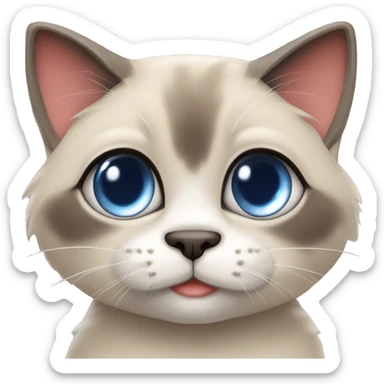 Long, chubby, cute, flat beige fur, blue round eyes, round pupils, Siamese and ragdoll mix cat, a grey face pattern, fur in his ears, wearing a red ribbon, a long slim tail, darker paws sticker
