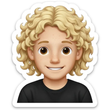 blonde boy with long curly hair past his ears, smiling, wearing a black shirt with freckles sticker