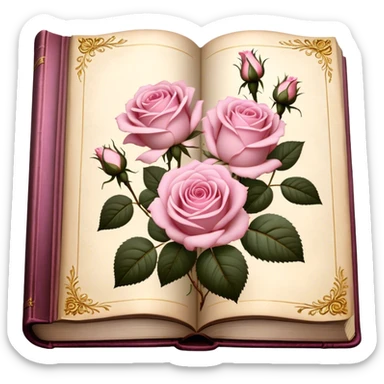Antique book with pressed light pink roses, golden details on the cover, soft vintage lighting. sticker