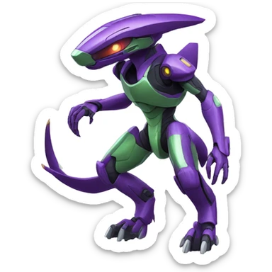 a purple-green Genesect-Raptor-Fakémon—hybrid with a futuristic visor-helmet full body sticker
