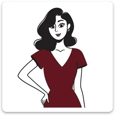 Sophisticated woman in her 30s with bright complexion, defined features, almond eyes with bold eyeliner and notable lashes, medium-thick eyebrows, straight elegant nose, thick bright red lips, voluminous dark straight hair with soft waves at ends, wine red velvet V-neck dress sticker