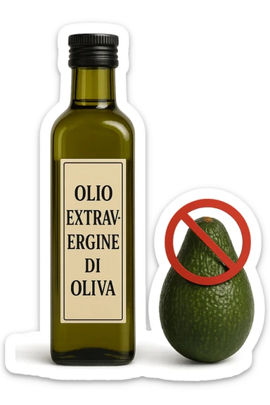 BOTTIGLIA DI OLIO EVO CON LA SCRITTA "OLIO EXTRAVERGINE DI OLIVA" SULL'ETICHETTA E AVOCADO CON DIVIETO SOPRA,  iperrealistico 4k sticker