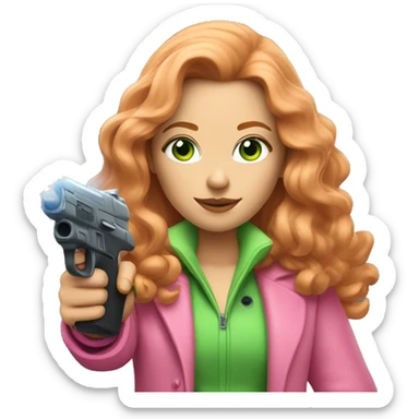 Women with reddish blonde long hair with light green eyes and a pink fluffy coat pointing a laser gun sticker