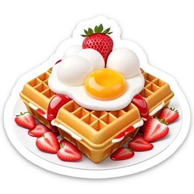 3D rendered Hong Kong egg waffle folded with strawberries and cream, vibrant red and white colors, hyper-realistic bubbled texture, glossy finish, detailed bubble surfaces, fun presentation, soft lighting sticker