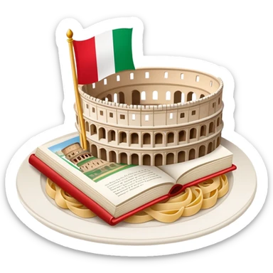 An icon featuring the Colosseum and the flag of Italy, symbolizing the Italian language. The design includes an open book with Italian phrases and a plate of pasta, representing language learning and cultural heritage. Transparent background sticker