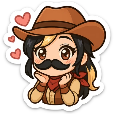 Transform the chibi ninja girl into a chibi cowgirl with a playful mustache. Add a cowboy hat and western-style outfit details while keeping the chibi/anime style, her hair color, and the cute expression. Maintain a transparent background. Sized for Twitch or Discord use. sticker