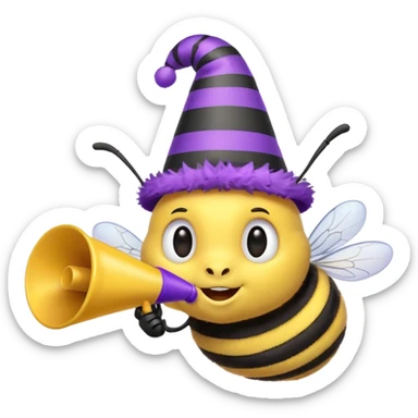 a Bee with purle Birthday Hat, Bee blowing party horn sticker