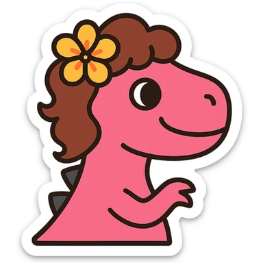 pink dinosaur with brown curly hair, a Hawaiian flower in her hair, and brown eyes, playful icon style sticker