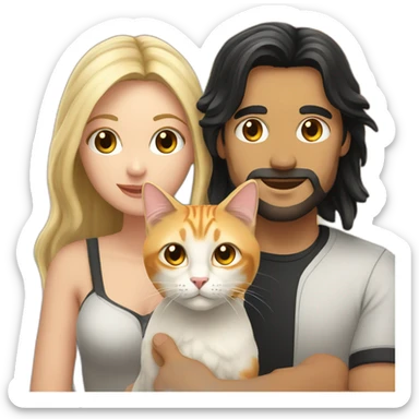 A couple consisting in a white man with long black hair and a blonde white woman holding an orange-white cat with long hair sticker