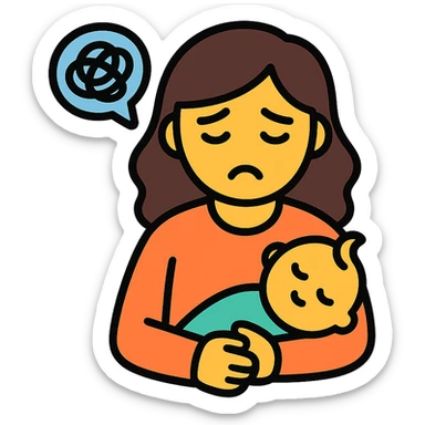 a tired woman holding a baby, modern flat icon style sticker