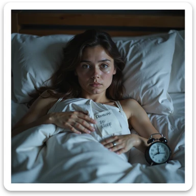 hyperrealistic 4K image of a young woman sitting on bed after 10 hours of sleep, dark circles under puffy eyes, hands gripping crumpled sheets, alarm clock showing '11AM' with a note saying 'Dormire' beside it, realistic bedroom atmosphere, tired expression sticker