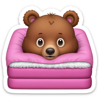 A brown bear in a pink bed, upside down and looking at the viewer with a quirky expression. sticker