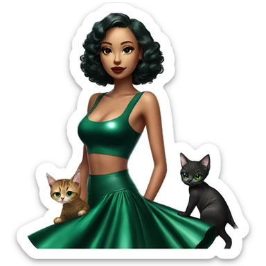 A pin skirt latex dark emerald dress on a female latin goddess with a kitten aura with a short bob a-line  sticker