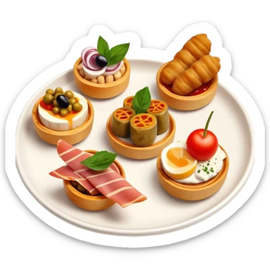 Tapas (4 Pintxos) Cinematic Realistic Tapas Dish Emoji, depicted as an assortment of 4 pintxos elegantly arranged on a plate, rendered with lifelike textures and vibrant, inviting lighting. sticker