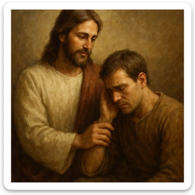 Jesus placing a hand on a person's shoulder, offering support, gentle and comforting sticker