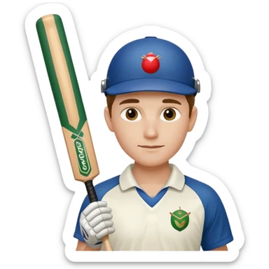 Cricketer in full white kit with bat and ball sticker