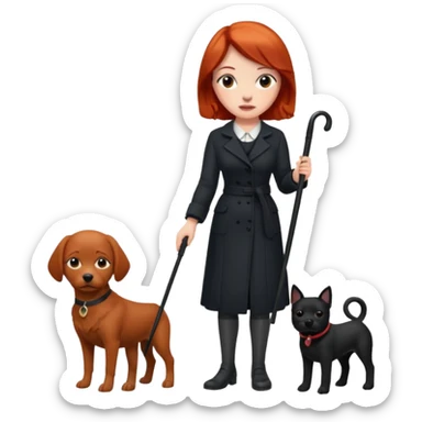 Red headed woman with a cane and a black dog sticker