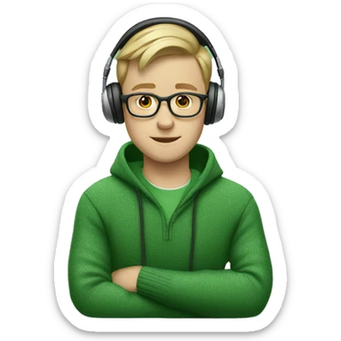 White boy wearing glasses and green sweater and headphones sticker