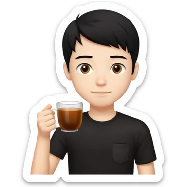 The boy teen have a black hair, and black T-shirt with a cup of tea. blue background  sticker