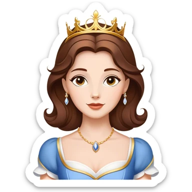 Cinematic Majestic Belle Portrait Emoji, rendered in a clean, vector-style with bold, simplified shapes. Show Belle with a serene, noble expression, fair skin and gracefully styled brown hair, her classic attire refined and understated. The design radiates a majestic, enchanting glow with high shine and a soft glowing outline, embodying royal elegance. sticker