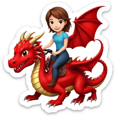 Me, a white female with brown hair, riding a black and bit of red dragon that has two legs to your work sticker