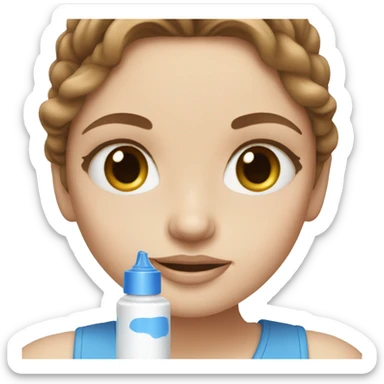 white girl with brown hair and blue eyes applying cream on face sticker