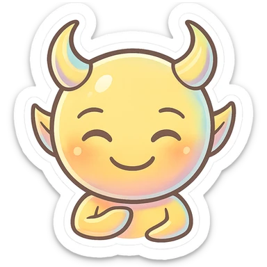 devil emoji, chibi style, holographic effect, iridescent pale yellow and peach, elegant horns, sweet smile sticker
