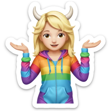 Cute blonde girl dancing in a rainbow onesie with cow horns  sticker