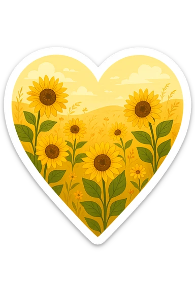 heart with a golden sunflower prairie, clean digital illustration, no background sticker