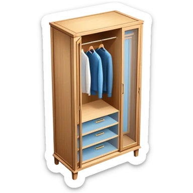 Icon for Furniture Design: a semi-transparent 3D wardrobe on top of a blueprint, with design metrics and measurements around it. The icon should represent the design and development process of furniture. Transparent background. sticker