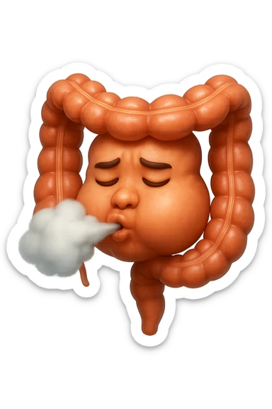 emoji stile iphone di un intestino che ingoia una nuvoletta di aria ben visibile e gli si gonfia la pancia, non fargli il naso, iperrealistico 4k sticker