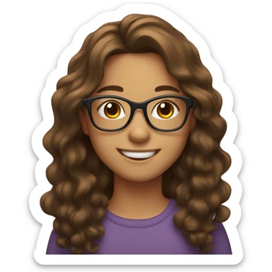 smiling girl with long brown wavy hair and glasses sticker