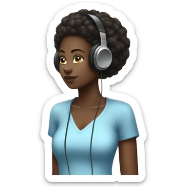 African girl. Black Afro high puff. Wearing white headphones. Listening to music. Wearing a light blue shirt. sticker