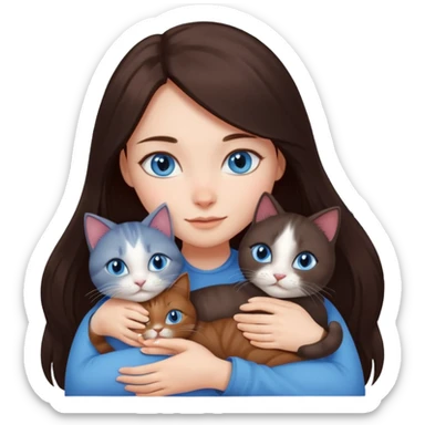 a girl with long dark 
brown hair, with blue eyes, hugs 3 different natural coloured cats sticker