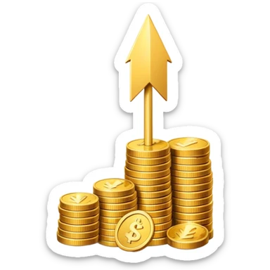 upward arrow beside a small stack of gold coins, financial growth symbol sticker