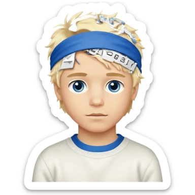 Create a look for a blond boy with long, tousled hair, light eyes, a white sweater, a wealthy appearance, blue eyes, and accessories like a Rolex or Cartier watch, and a cute face with messy hair down. blue eyes + headband white sticker