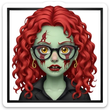 zombie girl with long red curly hair, thick lashes, black glasses, gold nose piercings on each nostril, and a gold eyebrow piercing. sticker