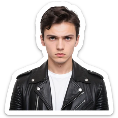Danila Bagrov from Brother 2 movie, young Russian man with short dark hair, serious expression, wearing black leather jacket sticker