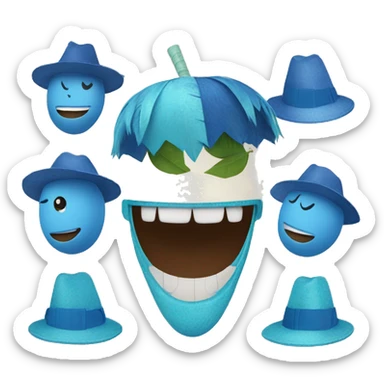 A blue coconut smiling and with diferentes hats like party hats sticker