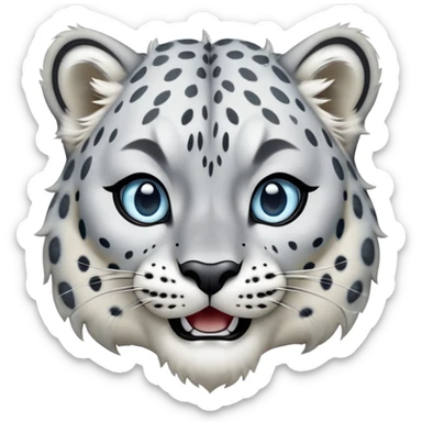 Cinematic-Comical-Snow-Leopard-Portrait-Emoji – Head tilted dramatically with an exaggeratedly amused expression, featuring a thick, spotted white-and-grey coat with a dense ruff around the neck, wide, piercing icy blue eyes filled with playful disbelief zoomed out showing the shoulders sticker