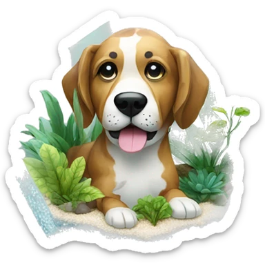 A dog made entirely of glass mirror crystals prisms glass transparent filled with plants as a terrarium sticker