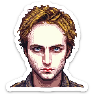 Pixel art version of Robert Pattinson, expressive eyes, defined jawline, simple color palette sticker