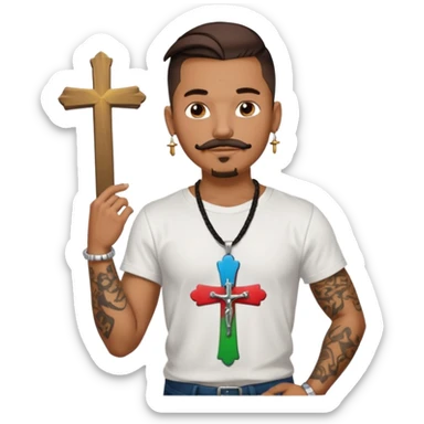 Deci creează mi un emoticon cu un băiat mai creol care are doar o coadă are cercel intr o ureche are tatuaje și barba cioc și mustața și are lanț la gât cu cruce vreau să fie cu totul cu tot cu corp și cercel vreau să aibă doar intr o ureche nu în ambele  sticker