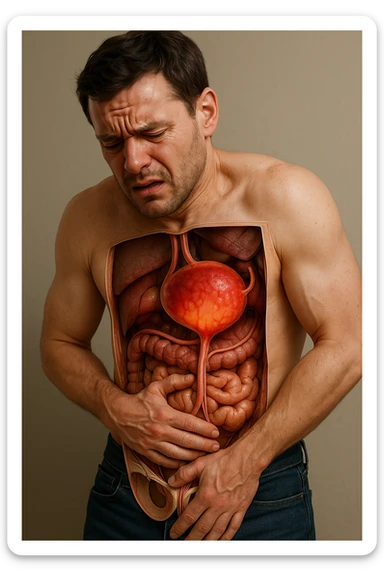 Vertical, hyper-realistic 3D cutaway illustration: uomo con difficoltà con cistite e problemi  sticker