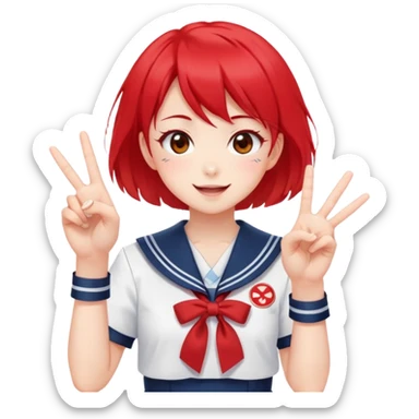 Energetic anime girl with short bright red hair wearing Japanese sailor style school uniform, winking and making double peace signs, very cheerful and bubbly, kawaii style sticker