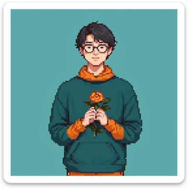 A young man with short black hair and glasses, standing outdoors with both hands forming a flower pose under his chin, wearing a dark teal sweatshirt, bright cheerful vibe, blurry street scene with cars and trees in the background, detailed pixel art style sticker
