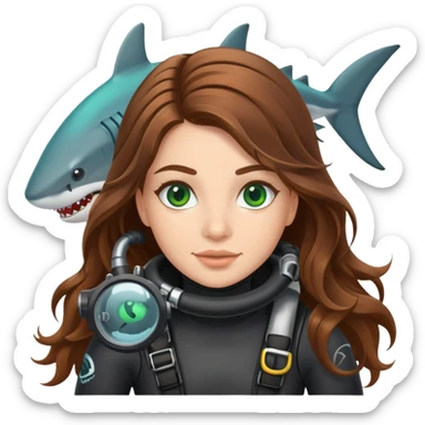 A scuba (long brown wavy hair green eyes) girl and a shark sticker