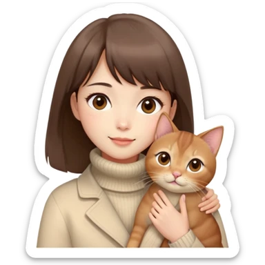 Cute East Asian girl, soft fair skin, big brown eyes, straight bangs, inward brown bob. Wearing a beige turtleneck sweater and cream-colored coat, rosy cheeks, gentle smile, holding an Abyssinian c sticker