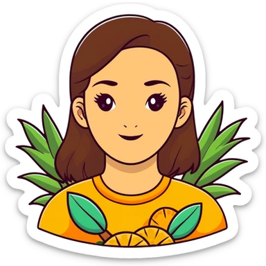 confident young woman with oval face, warm skin, long dark brown hair, thick eyebrows, large brown eyes, gentle smile, surrounded by tropical elements: palm trees, pineapples, oranges, lush green leaves, tropical botanical illustration, vibrant natural colors, sticker-like white outline sticker