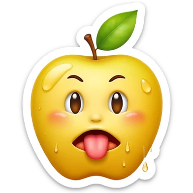 classic yellow apple emoji face, exaggerated pout, tongue out, spit droplets sticker